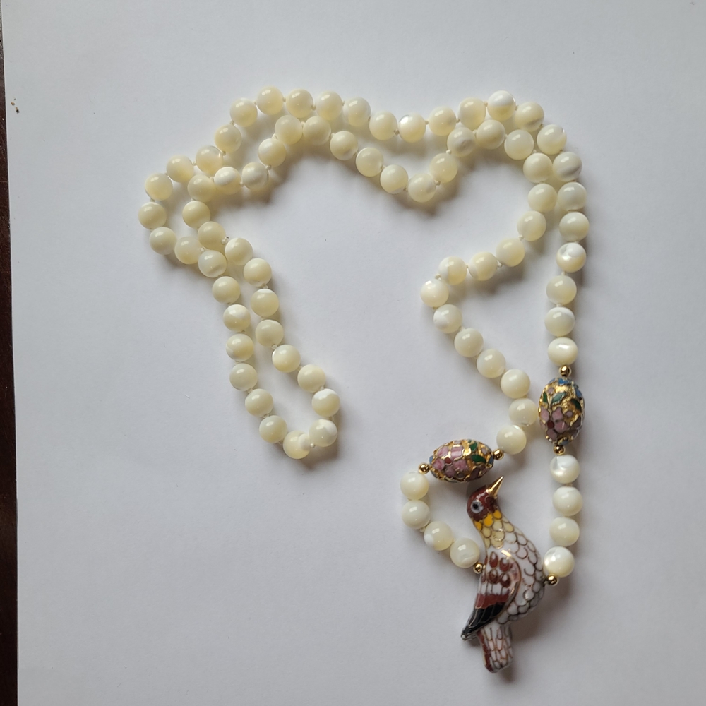 Vintage Freshwater Pearl Cloisonne Bird Necklace